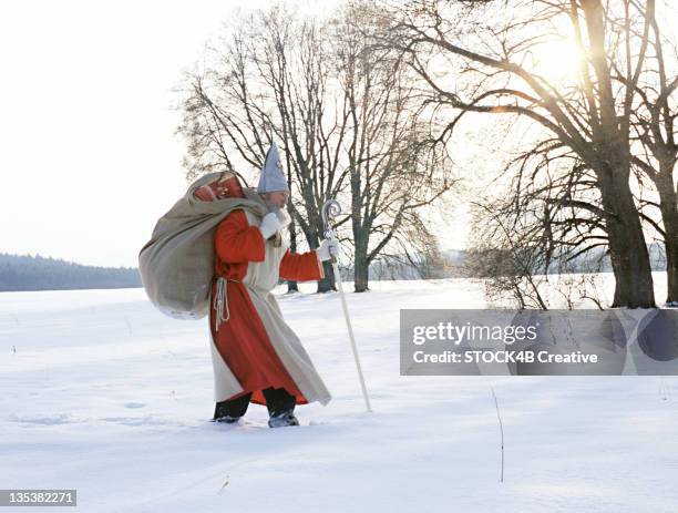 saint nicholas walking through winter landscape - mitre stock pictures, royalty-free photos & images