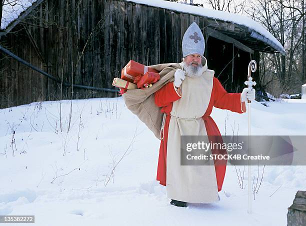 saint nicholas with miter and crook in snow - mitra fotografías e imágenes de stock