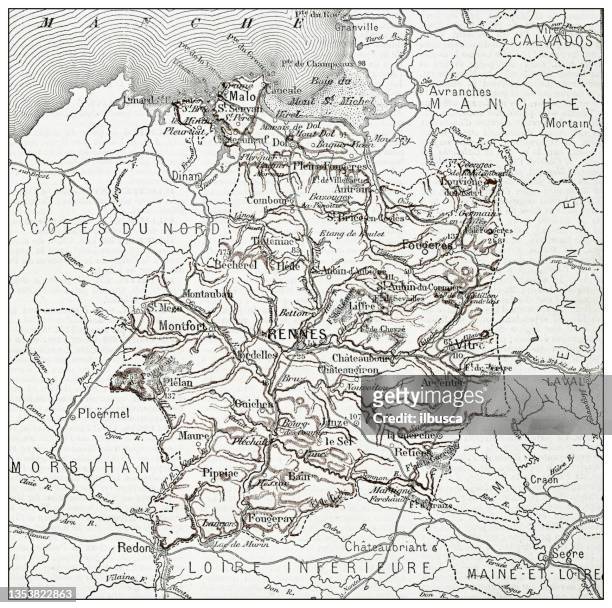 antique french map of ille-et-vilaine (département) - rennes france 幅插畫檔、美工圖案、卡通及圖標