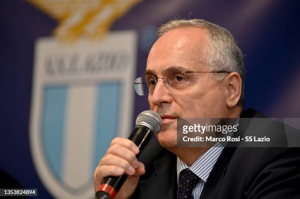 Lazio President Claudio Lotito speaks during the press conference at the Olimpic stadium on November 17, 2021 in Rome, Italy.
