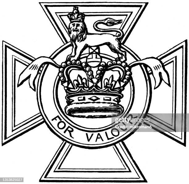 old engraved illustration of the victoria cross, highest and most prestigious award of the british honours system - british & irish lion stock pictures, royalty-free photos & images