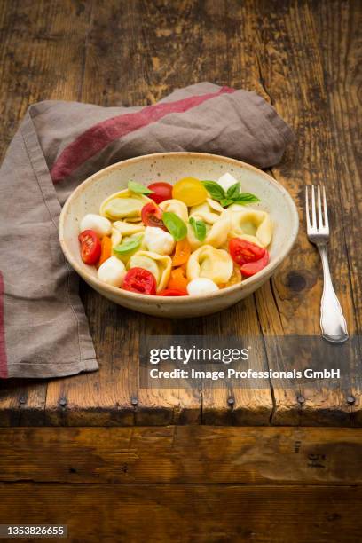 tortellini salad with tomatoes, mozzarella and basil - tortellini bildbanksfoton och bilder