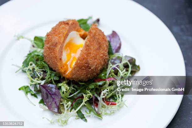 scotch egg with golden runny yolk - scotch egg stockfoto's en -beelden
