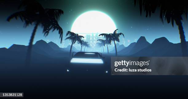 flying car driving through a retrowave landscape - car wireframe stockfoto's en -beelden