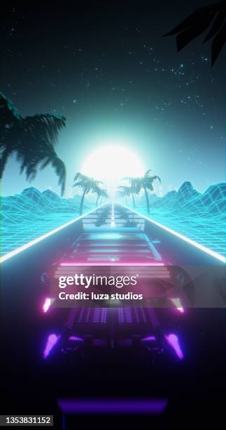 flying car driving through a retrowave landscape - car wireframe stockfoto's en -beelden