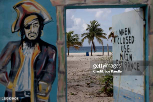 Painting of a pirate is painted near a door leading to the beach on November 17, 2021 in Bridgetown, Barbados. On Nov. 30, 2021 the 55th anniversary...