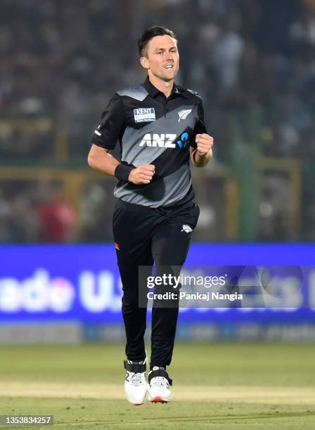 Trent Boult of New Zealand celebrates after taking the wicket of Rohit Sharma of India during the T20 International Match between India and New...