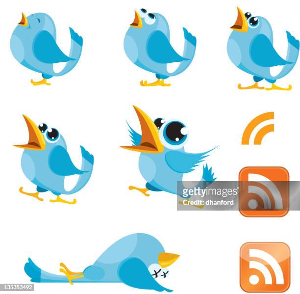 tweeting, talking bluebirds and rss symbol - bluebird bird stock illustrations