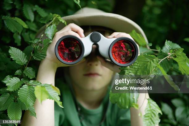 germany, bavaria, close up of boy looking through binocular in forest - pith stock pictures, royalty-free photos & images