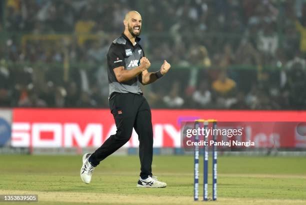 Daryl Mitchell of New Zealand celebrates the wicket of Venkatesh Iyer of India during the T20 International Match between India and New Zealand at...