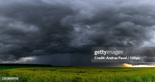 scenic view of field against storm clouds - åskväder bildbanksfoton och bilder