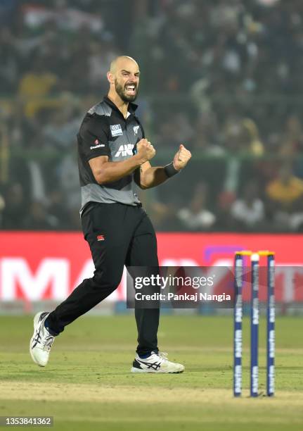 Daryl Mitchell of New Zealand celebrates the wicket of Venkatesh Iyer of India of India during the T20 International Match between India and New...