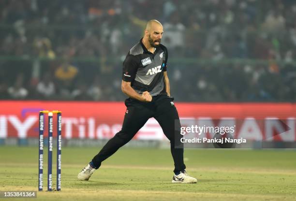 Daryl Mitchell of New Zealand celebrates the wicket of Venkatesh Iyer of India of India during the T20 International Match between India and New...