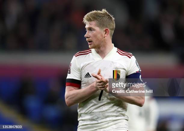 Kevin De Bruyne of Belgium during the 2022 FIFA World Cup Qualifier match between Wales and Belgium at Cardiff City Stadium on November 16, 2021 in...