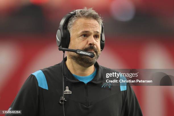 Head coach Matt Rhule of the Carolina Panthers on the sidelines during the NFL game at State Farm Stadium on November 14, 2021 in Glendale, Arizona....