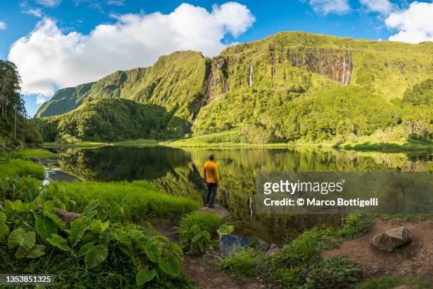 one man admiring the view at ribeira do ferreiro lake, flores island, azores - era prehistórica fotografías e imágenes de stock