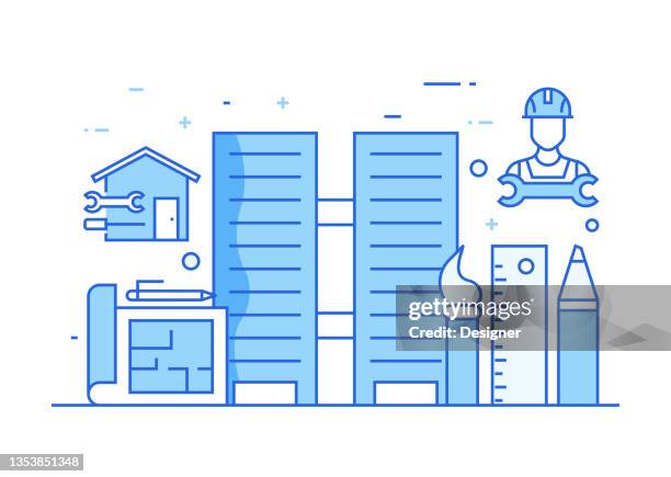 architecture related process infographic template. process timeline chart. workflow layout with linear icons - wall angle stock illustrations