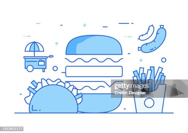 fast food related process infographic template. process timeline chart. workflow layout with linear icons - deep fried stock illustrations