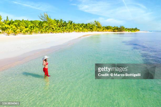 woman standing in the caribbean sea, playa del carmen, mexico - caribbean culture stock-fotos und bilder