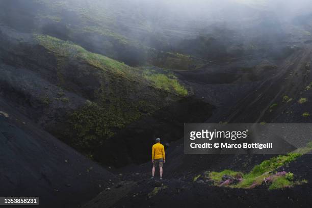 one man standing in a volcanic caldera - pico azores stockfoto's en -beelden