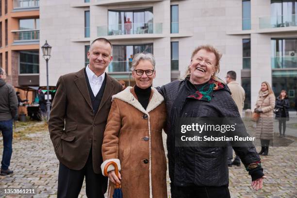 Uwe Schmitz, Manuela Schmitz and HA Schult attend the presentation of the "Wertgigant" , a 6 meter high sculpture made of electronic waste, is on...