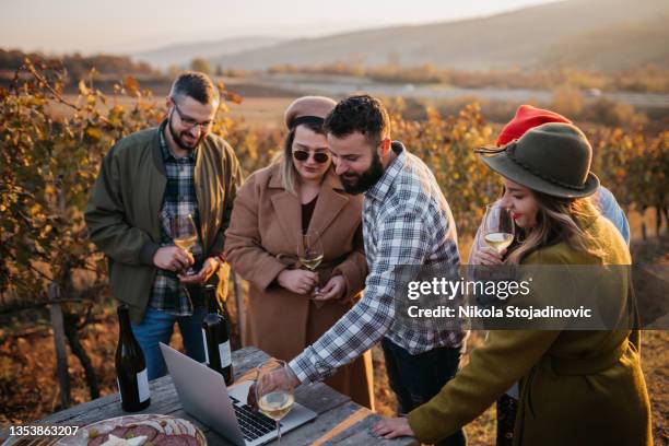 winemaker shows his idea on a laptop in the vineyard - autumn winery stock pictures, royalty-free photos & images