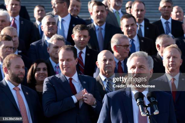 House Minority Leader Rep. Kevin McCarthy speaks in front of the House steps November 17, 2021 in Washington, DC. McCarthy and other members of the...