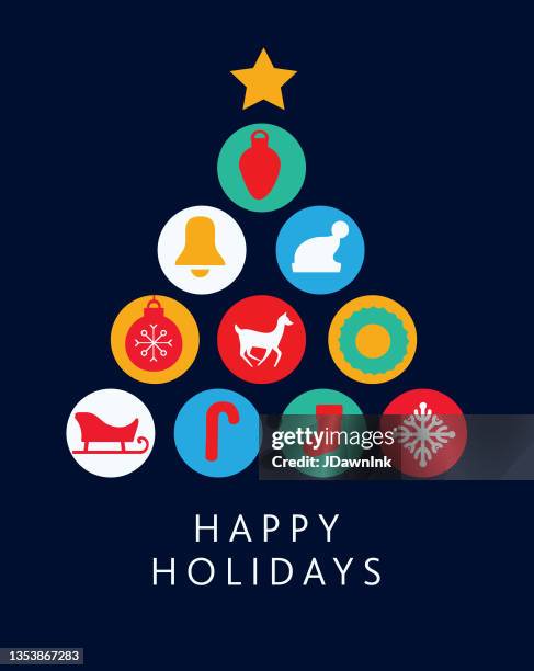 stockillustraties, clipart, cartoons en iconen met happy holidays greeting card flat design template christmas tree shape with geometric shapes and simple icons - kerstkous