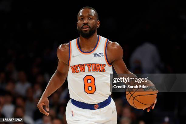 Kemba Walker of the New York Knicks dribbles during the second half against the Indiana Pacers at Madison Square Garden on November 15, 2021 in New...