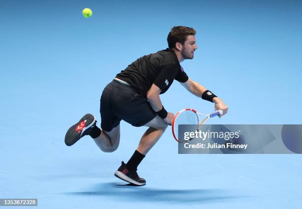 Cameron Norrie of Great Britain in action during his mens singles Round Robin match against Casper Ruud of Norway during Day Four of the Nitto ATP...