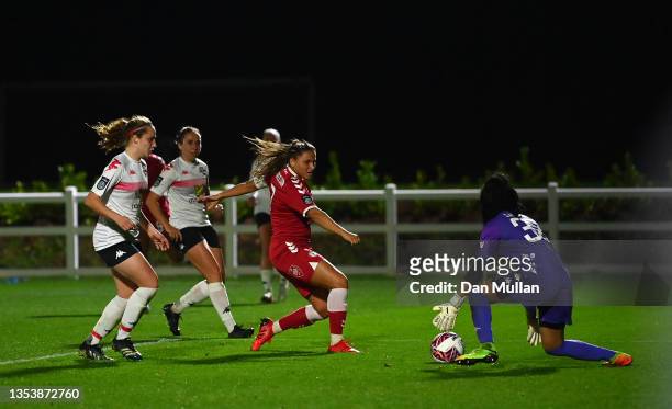 Abi Harrison of Bristol City scores her side's second goal past Shanell Salgado of Lewes during the FA Women's Continental Tyres League Cup match...