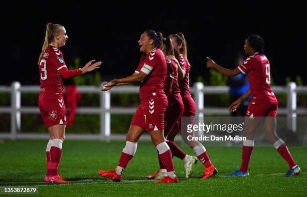 Abi Harrison of Bristol City celebrates with Agnes Beever-Jones of Bristol City after scoring her side's second goal during the FA Women's...