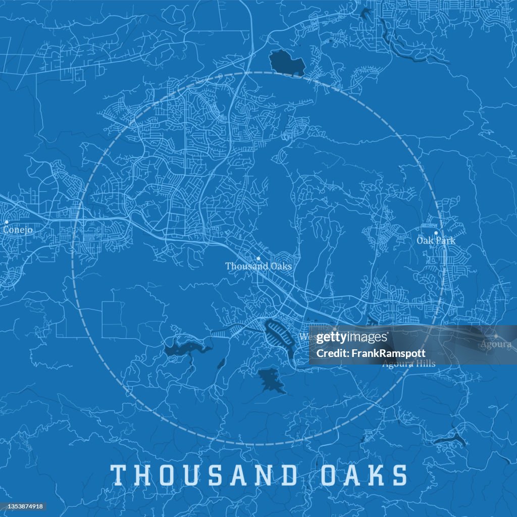 Thousand Oaks CA City Vector Road Map Blue Text