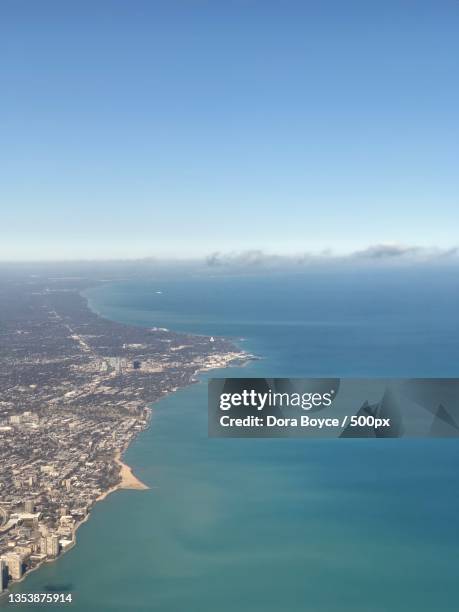 aerial view of sea against clear sky,lake michigan,united states,usa - seen great lakes stock pictures, royalty-free photos & images