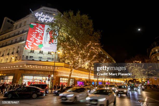 General view of the Galeries Lafayette during "1 3 Noel!" : Galeries Lafayette Christmas decorations inauguration at Galeries Lafayette on November...