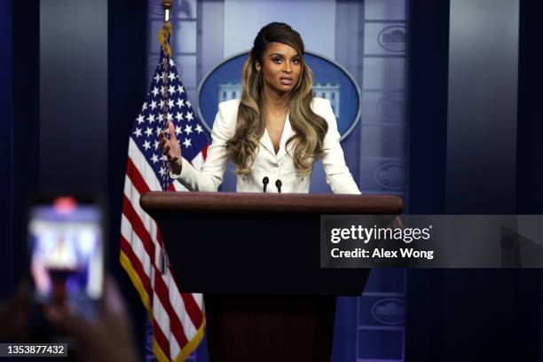 Singer Ciara Princess Wilson speaks to members of the press during a tour of the James Brady Press Briefing at the White House November 17, 2021 in...