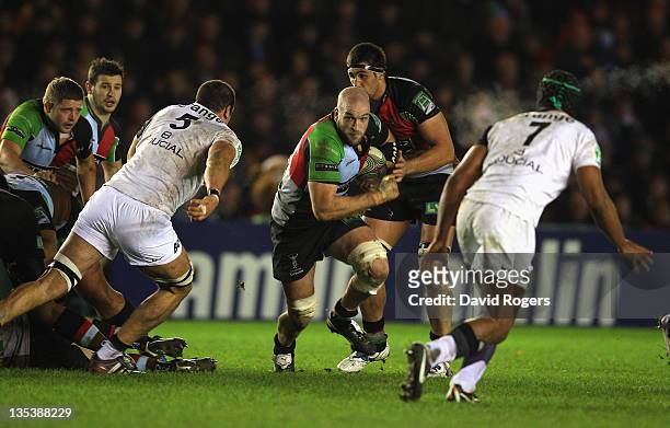 George Robson of Harlequins charges upfield during the Heineken Cup match between Harlequins and Toulouse at Twickenham Stoop on December 9, 2011 in...