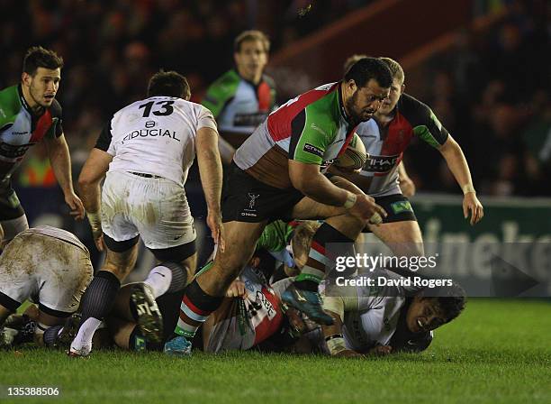 James Johnston of Harlequins charges upfield during the Heineken Cup match between Harlequins and Toulouse at Twickenham Stoop on December 9, 2011 in...