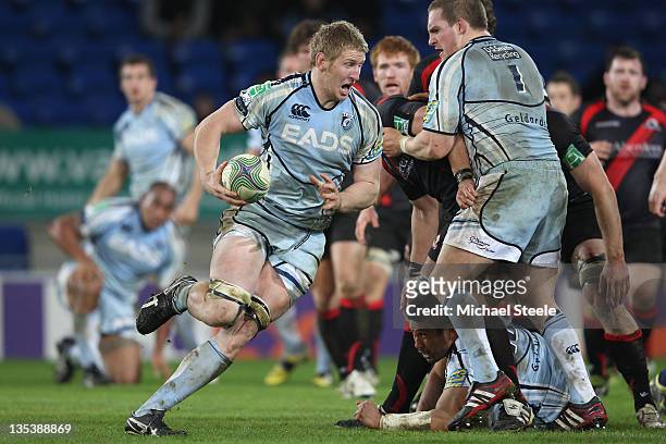 Bradley Davies of Cardiff makes a break during the Heineken Cup Pool Two match between Cardiff Blues and Edinburgh at the Cardiff City Stadium on...