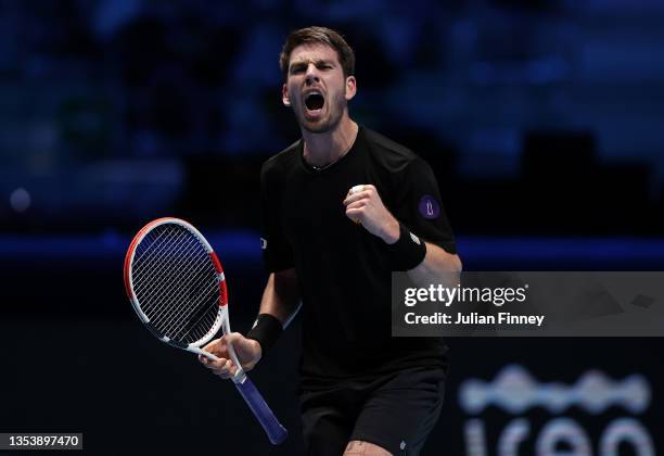 Cameron Norrie of Great Britain celebrates during his mens singles Round Robin match against Casper Ruud of Norway during Day Four of the Nitto ATP...