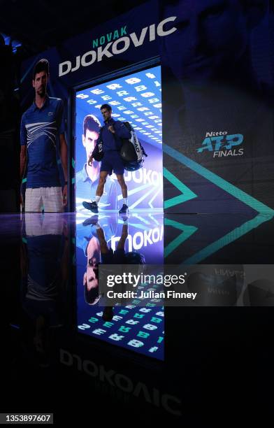 Novak Djokovic of Serbia walks out prior to his singles match against Andrey Rublev of Russia on Day Four of the Nitto ATP World Tour Finals at Pala...