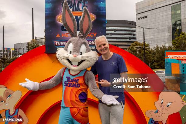 Bugs Bunny with Andrew Gaze during the Space Jam: A New Legacy media call on November 18, 2021 in Melbourne, Australia.