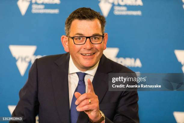 Premier of Victoria Daniel Andrews makes a gesture while speaking during a press conference on November 18, 2021 in Melbourne, Australia. Premier...