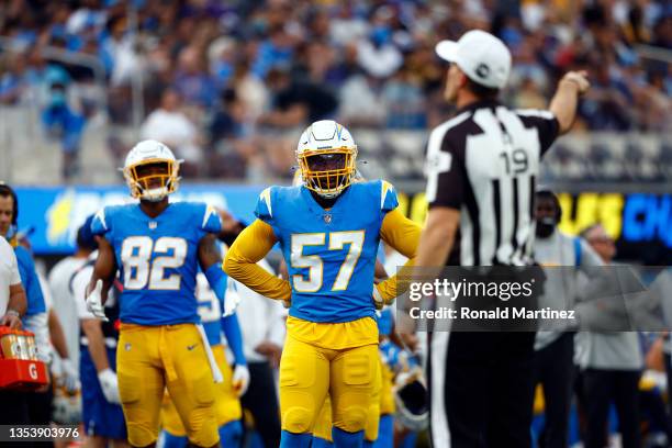 Amen Ogbongbemiga of the Los Angeles Chargers at SoFi Stadium on November 14, 2021 in Inglewood, California.