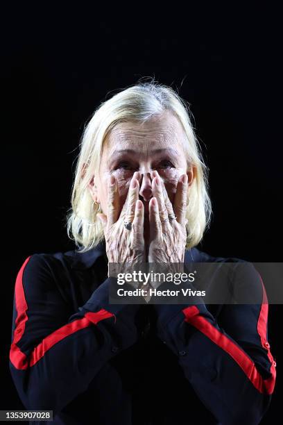 Legend Ambassador Martina Navratilova cries as she listens to Katerina Siniakova of and Barbora Krejcikova of Czech Republic after defeating Su-Wei...