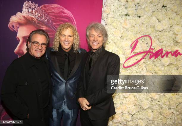 Bon Jovi bandmates Tico Torres, composer of "Diana, The Musical" David Bryan, and Jon Bon Jovi pose at the opening night of the new musical "Diana,...