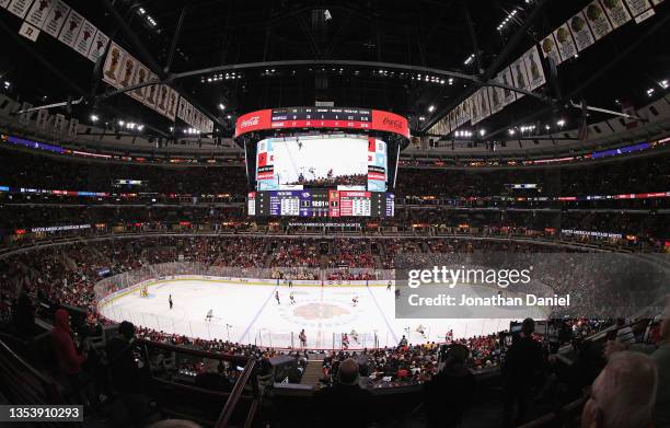 General view of the United Center as the Chicago Blackhawks take on the Nashville Predators on November 07, 2021 in Chicago, Illinois. The Blackhawks...