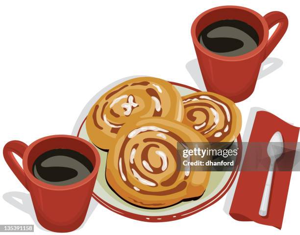 cinnamon buns and coffee, breakfast - cinnamon bun stock illustrations