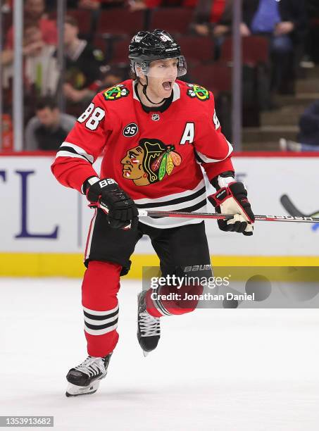 Patrick Kane of the Chicago Blackhawks skates against the Nashville Predators at the United Center on November 07, 2021 in Chicago, Illinois. The...