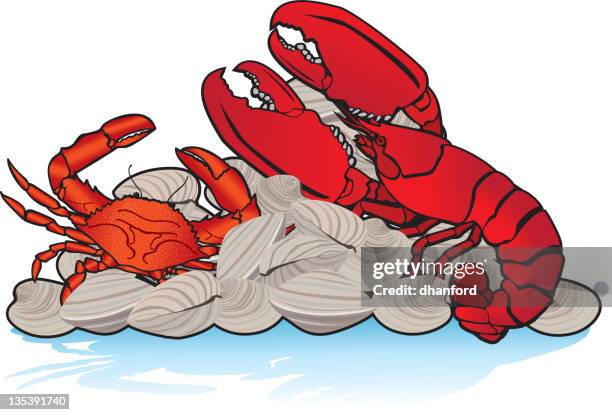 lobster, crab and clams - surf and turf stock illustrations